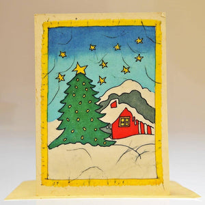 Fair Trade Batik Christmas Card - Red House & Tree in the Snow