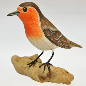 Fair Trade Carved Wooden Robin on a Log