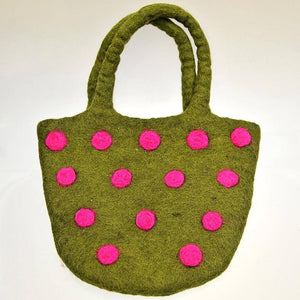 Fair Trade Dotty Felt Handbag - Green with Pink Dots