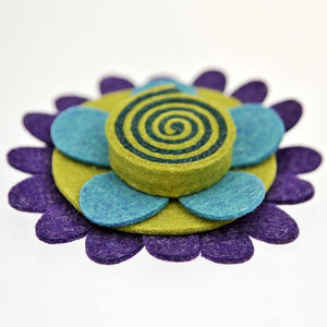 Fair Trade Felt Brooch - Blue/Lime/Purple Swirly Flower