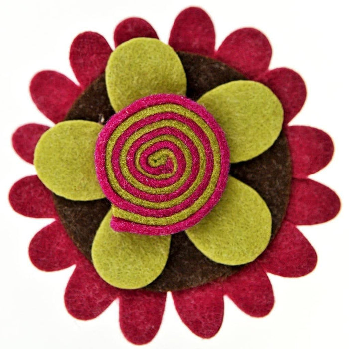 Fair Trade Felt Brooch - Lime/Purple/Brown Swirly Flower (WSL)