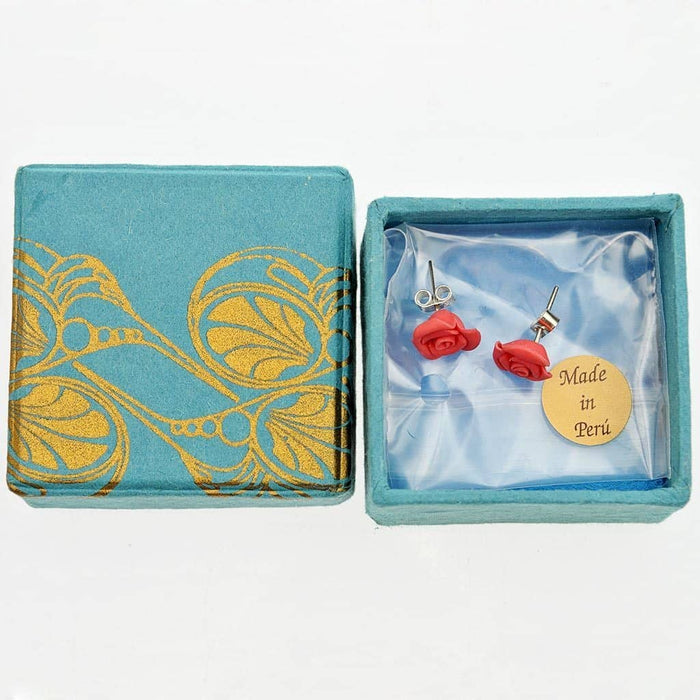 Fair Trade Silver Stud Earrings - Ceramic Red Rose (WSL)