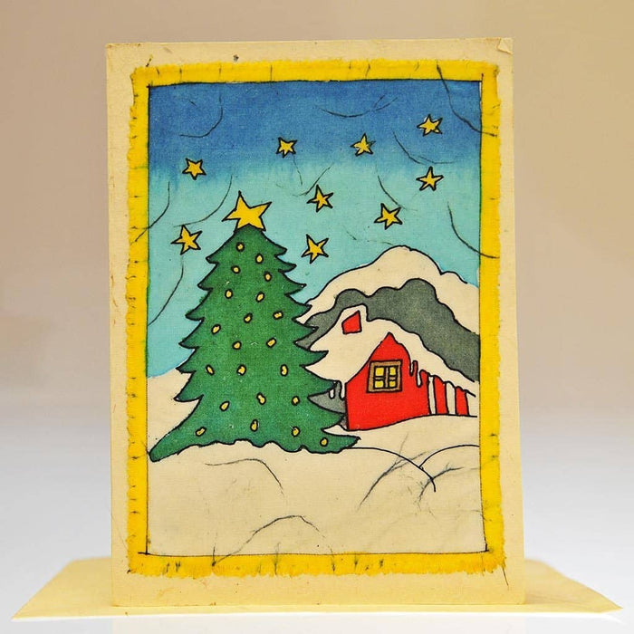 Fair Trade Batik Christmas Card - Red House & Tree in the Snow (WSL)