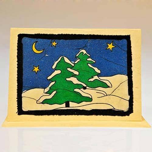 Fair Trade Batik Christmas Card - Two Snowy Christmas Trees (WSL)