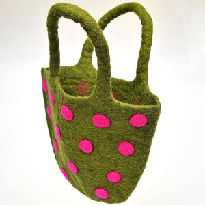 Fair Trade Dotty Felt Handbag - Green with Pink Dots