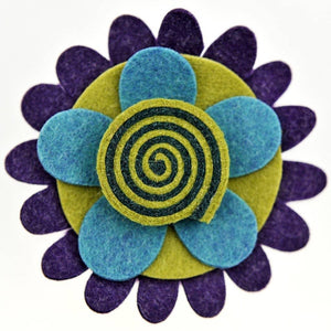 Fair Trade Felt Brooch - Blue/Lime/Purple Swirly Flower
