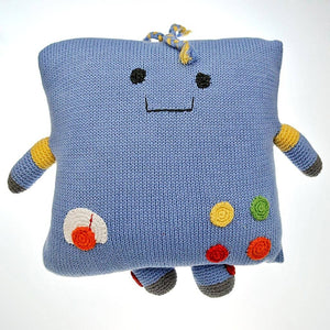Fair Trade Hand Knitted Cushion - Blue(ish) Robot