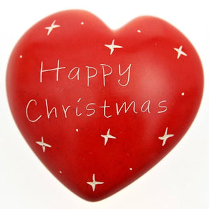 Fair Trade Med Soapstone Pebble - Red Heart, 'Happy Christmas'