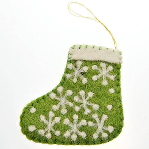 Fair Trade Mini Felt Stocking - Green/White Snowflakes