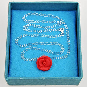 Fair Trade Silver Necklace - Ceramic Red Rose