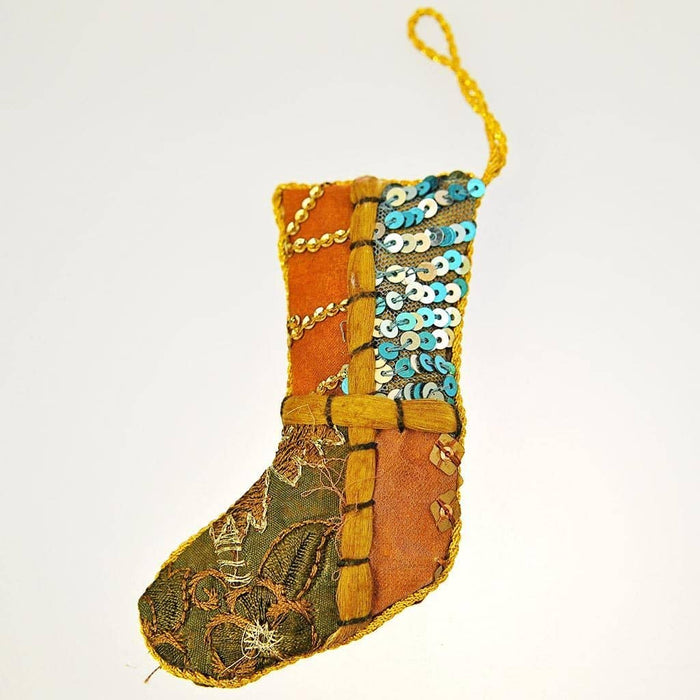Fair Trade Tree Decoration - Sari Mini Stocking - Gold (WSL)