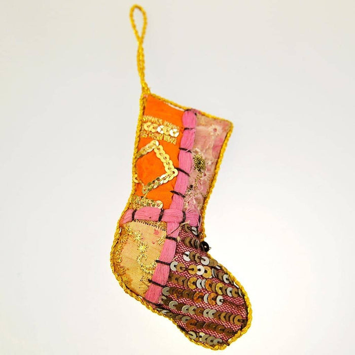 Fair Trade Tree Decoration - Sari Mini Stocking - Pink (WSL)