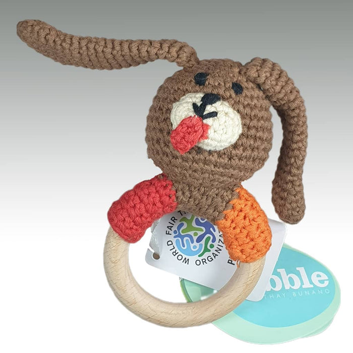 Fair Trade Crocheted Rattle with Wooden Ring - Boy Dog (WSL)